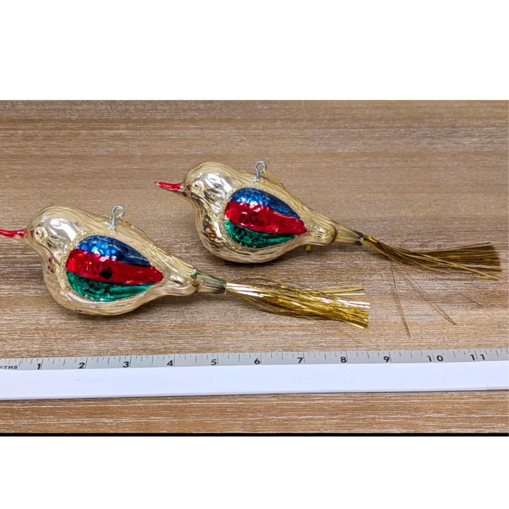 Vtg Blown Glass Colorful Bird Gold Tinsel Tail Christmas Ornament 6" Germany Set